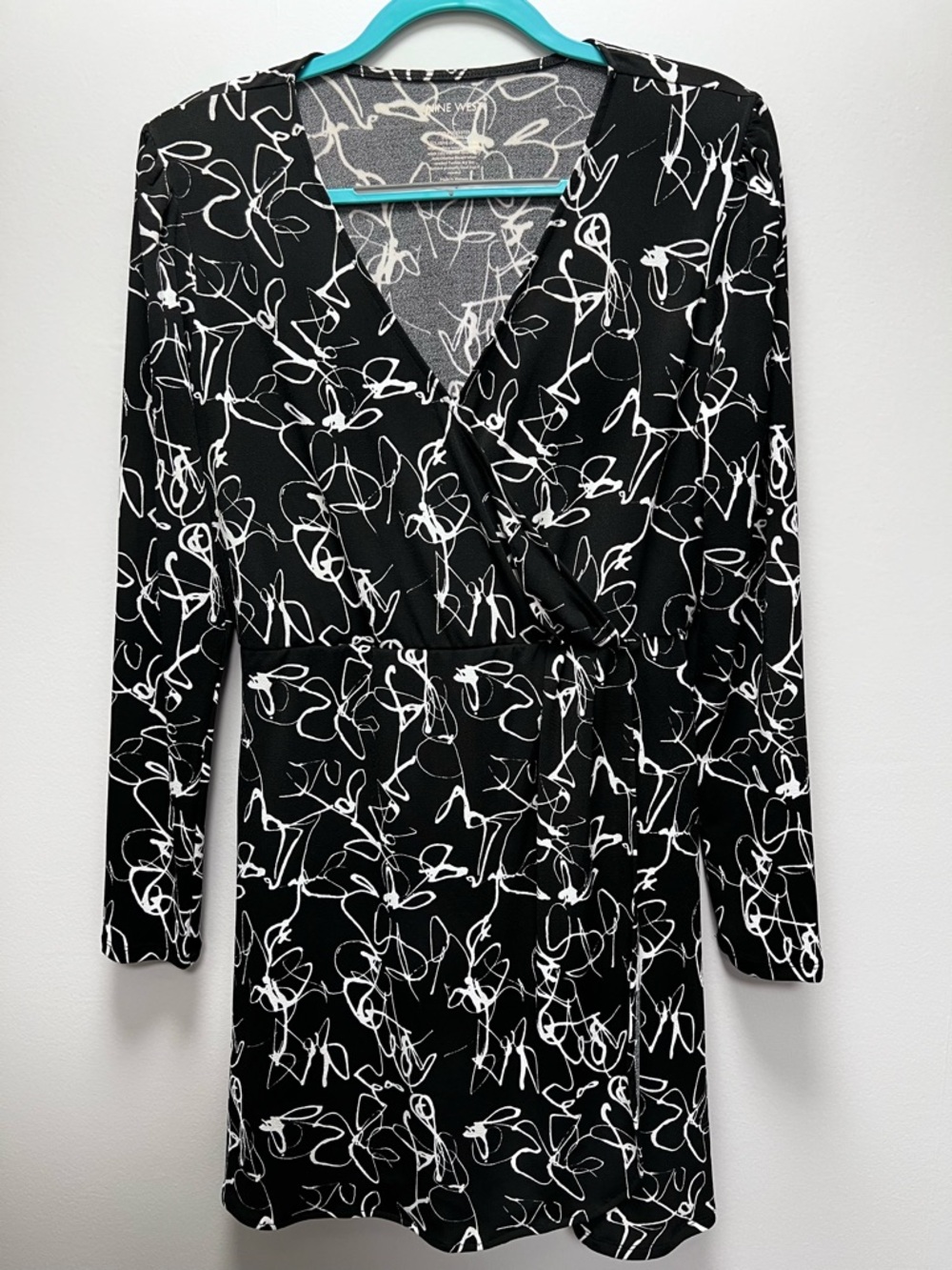 Nine West Dress Women’s Black White Long Sleeve Scribble Design Faux Wrap LARGE